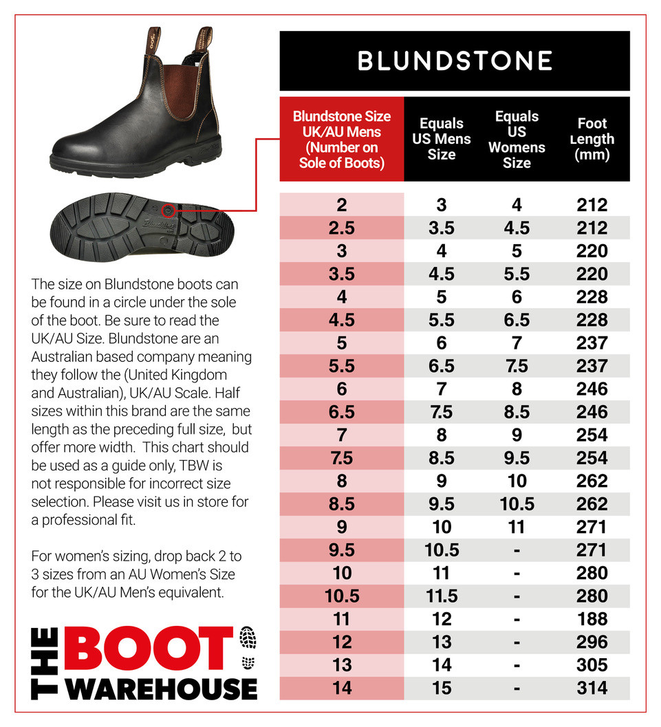 blundstone boots size chart